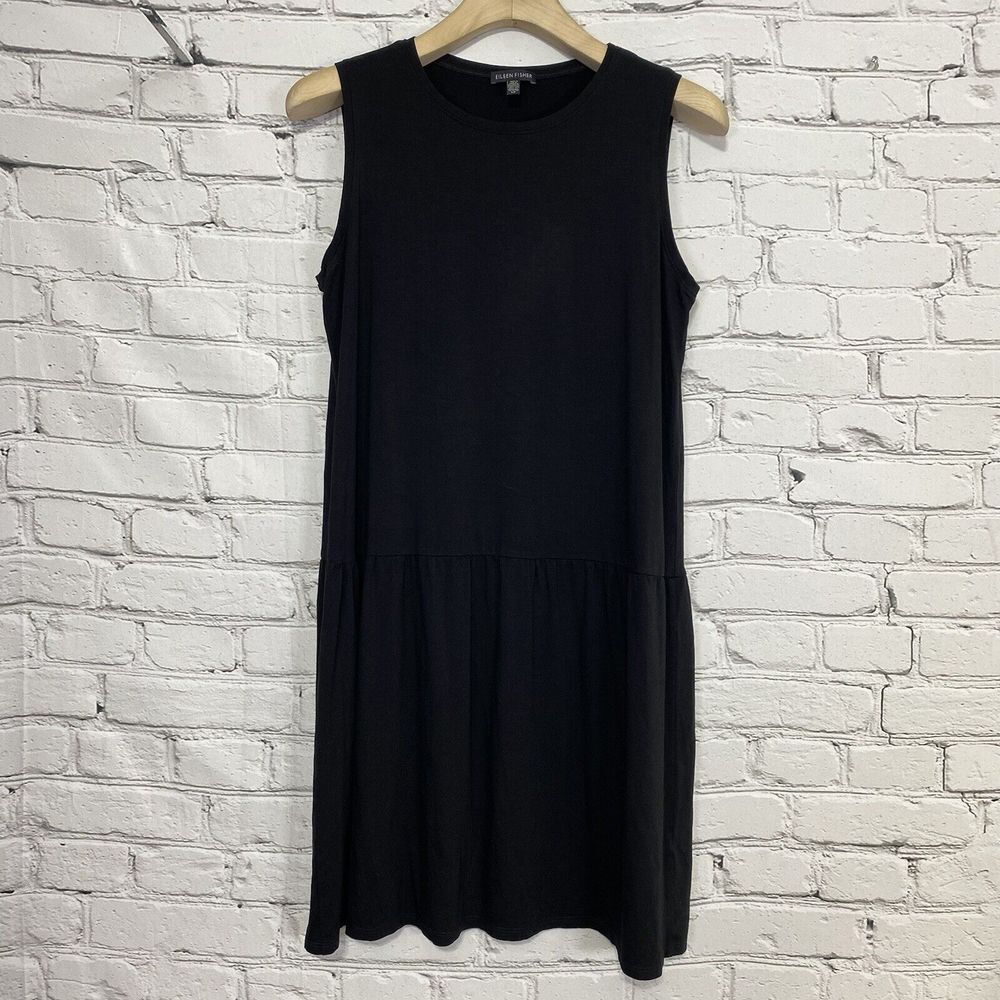 EILEEN FISHER Sleeveless Tank Dress Size S Black Stretch Jersey MIDI Scoop Neck
